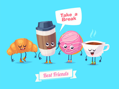 Set of breakfast characters. Vector cute cartoons 