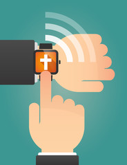 Hand pointing a smart watch with a christian cross