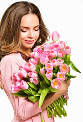 Obraz na płótnie Canvas Woman with Spring Flower bouquet. Happy surprised model woman sm