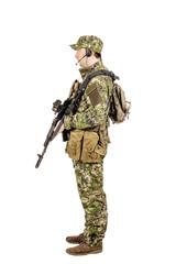 military, profession, people and war concept - male soldier in c