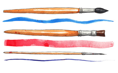 Paint brushes. Set of brushes. Watercolor illustration on white isotaled background