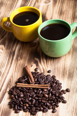 Coffee on wooden table for background. Selective focus