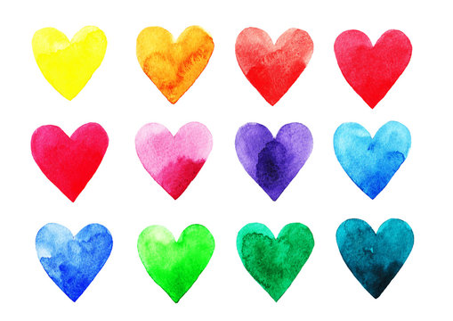 Watercolor rainbow hearts on white background
