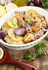 Spicy chicken in a ceramic pot