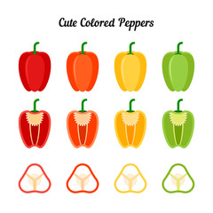 Nice set of yellow bell pepper, red bell pepper, green bell pepper, orange bell pepper and their halves