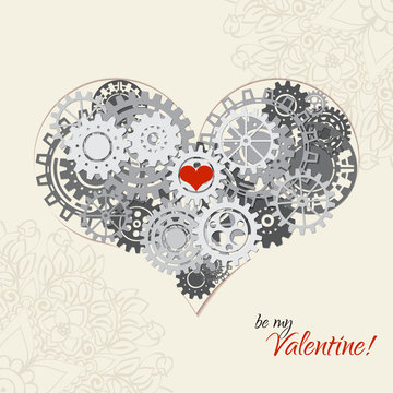 Heart as a mechanism made of cogs and gears. Vector Illustration  of steampunk heart. Valentines day card with sign on ornate background