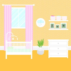 Nursery room with white furniture. Baby yellow interior. Girl room design with bed, crib mobile, chest of drawers and window. Flat style vector illustration.