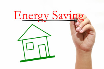 Energy Saving - House with text and male hand with pen