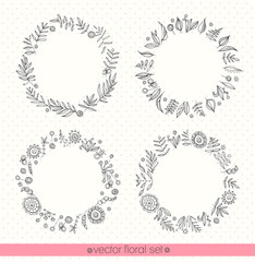 Floral ornate frame for invitations or announcements. Hand drawn flowers. Vector set