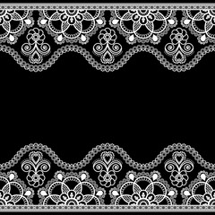 Indian, Mehndi Henna line lace border element with flowers pattern card for tattoo on black background