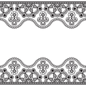 Indian, Mehndi Henna line lace border element with flowers pattern card for tattoo on white background
