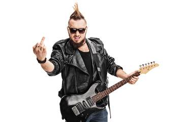 Rude punk rocker holding guitar