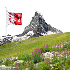 Beautiful mount Matterhorn with Valais flag on white background. Switzerland.