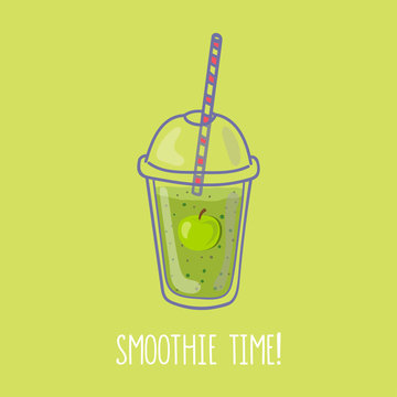 Hand drawn smoothie cup with apple and Smoothie time lettering