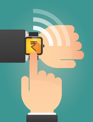 Hand pointing a smart watch with a rupee sign