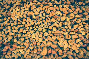 Stack of firewood, wood background texture. Retro style.