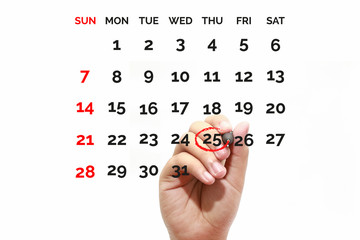 Red circle. Businessman mark on the calendar at 25