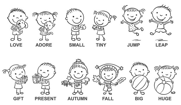 Black and white cartoon characters illustrating synonymous adjectives, can be used as a teaching aid for a foreign language learning