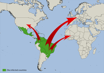 Map of zika virus infected countries with possible spreading directions