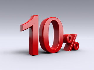 10 percent discount on light background. Sale, percentages, special offer. 3D Numbers in red.