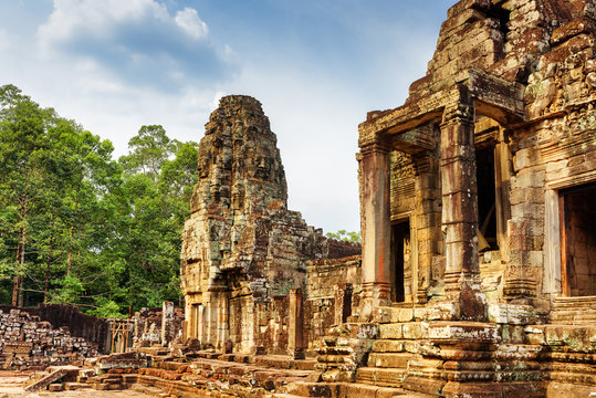 One of entrances to ancient Bayon temple, Angkor Thom, Cambodia