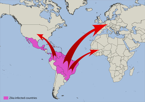 Map of zika virus infected countries with possible spreading directions