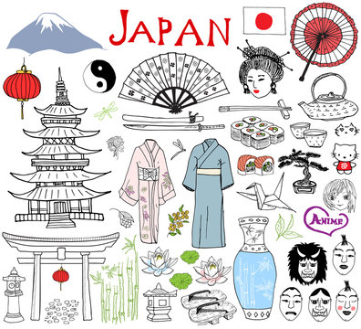 Japan doodles elements. Hand drawn sketch set with Fujiyama mountain, Shinto gate, Japanese food sushi and tea set, fan, theater masks, katana, pagoda, kimono. Drawing collection, isolated on white
