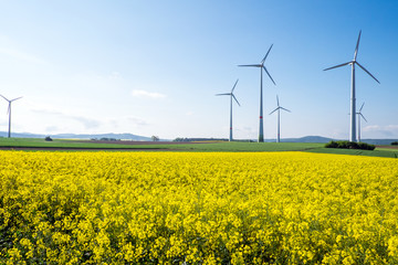 Windwheels and a yellow rapeseed field seen in Germany