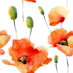 Watercolor flowers seamless pattern with poppies. - 101827089