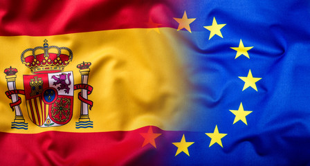 Waving flag of Spain and European Union.Eu Flag Spain Flag