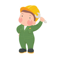 Vector Illustration of Service Mechanic Worker in Green Work wear and Helmet holding Wrench Cartoon Character on White Background