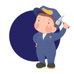 Vector Illustration of Service Mechanic Man with Hammer in Blue Work wear on Blue Circle Background, Cartoon Character