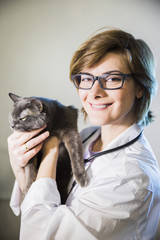 doctor woman veterinarian examining a cat holding it on her hands