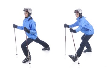 Fototapeta premium Skiier demonstrate warm up exercise for skiing. Dinamic stretch