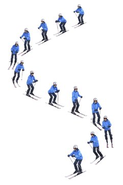 Skiier demonstrate how to slide downhill. Snow parallel turns.