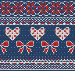 Seamless pattern on the theme of Valentine's Day with an image of the Norwegian patterns and hearts. Wool knitted texture