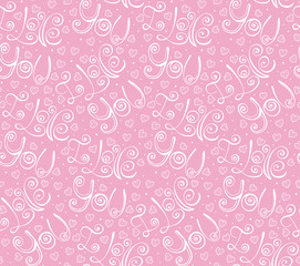 Vector hand drawn lettering I Love You in pink Valentine Day seamless pattern, romantic background