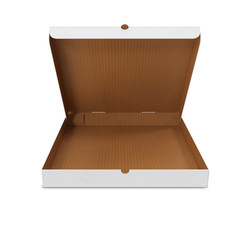 Open white box for pizza.