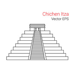 Vector  Line flat Icon of Chichen Itza, Mexico. Isolated on white background.