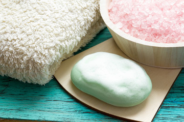 wet soap with foam, sea salt