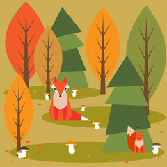 Autumn time theme. Abstract cartoon forest, funny simple raphic illustration with cartoon animals