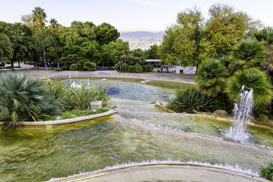 View of Gardens del Mirador de Alcalde on high above the city of Barcelona, in the vicinity of Montjuic Castle