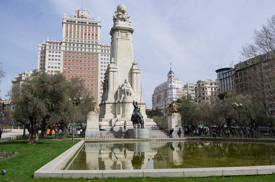 Cervantes Monument on the Plaza de Espana in Madrid
