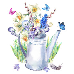 Spring bouquet with daffodils, pansies, muscari and butterflies 