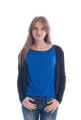Fototapeta premium Girl in a blue t-shirt and jeans on a white background.