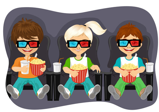 Smiling Kids With Popcorn Watching 3D Movie 