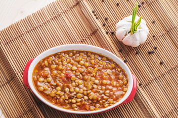 Homemade lentils stew. Vegetarian meal.