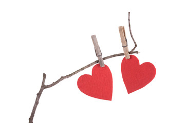 Red hearts on a dry branch