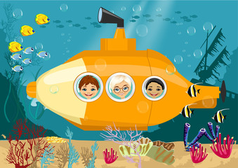Happy kids in submarine underwater