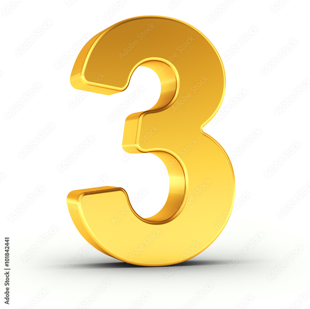 Poster the number three as a polished golden object with clipping path